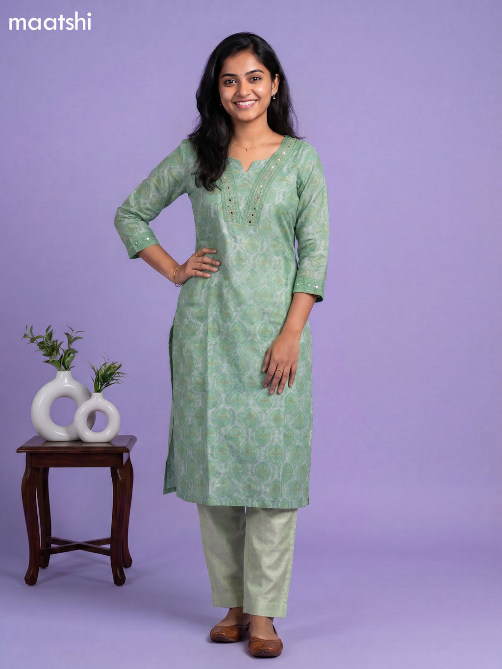 Green and Off White Chanderi Allover Prints & Embroidery Work Straight Suit