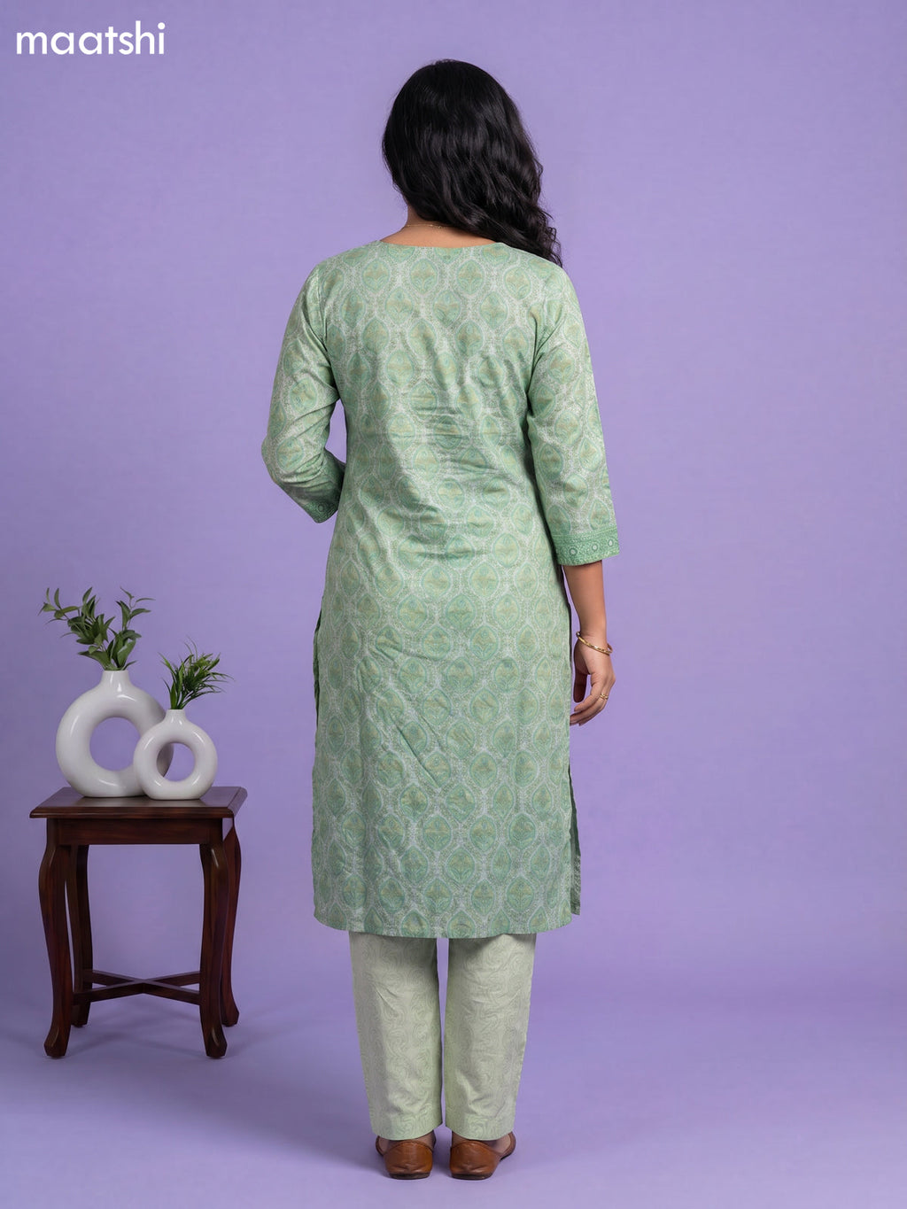 Green and Off White Chanderi Allover Prints & Embroidery Work Straight Suit