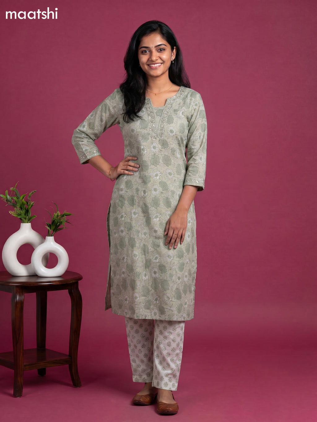 Beige and Grey Chanderi Allover Prints & Embroidery Work Straight Suit