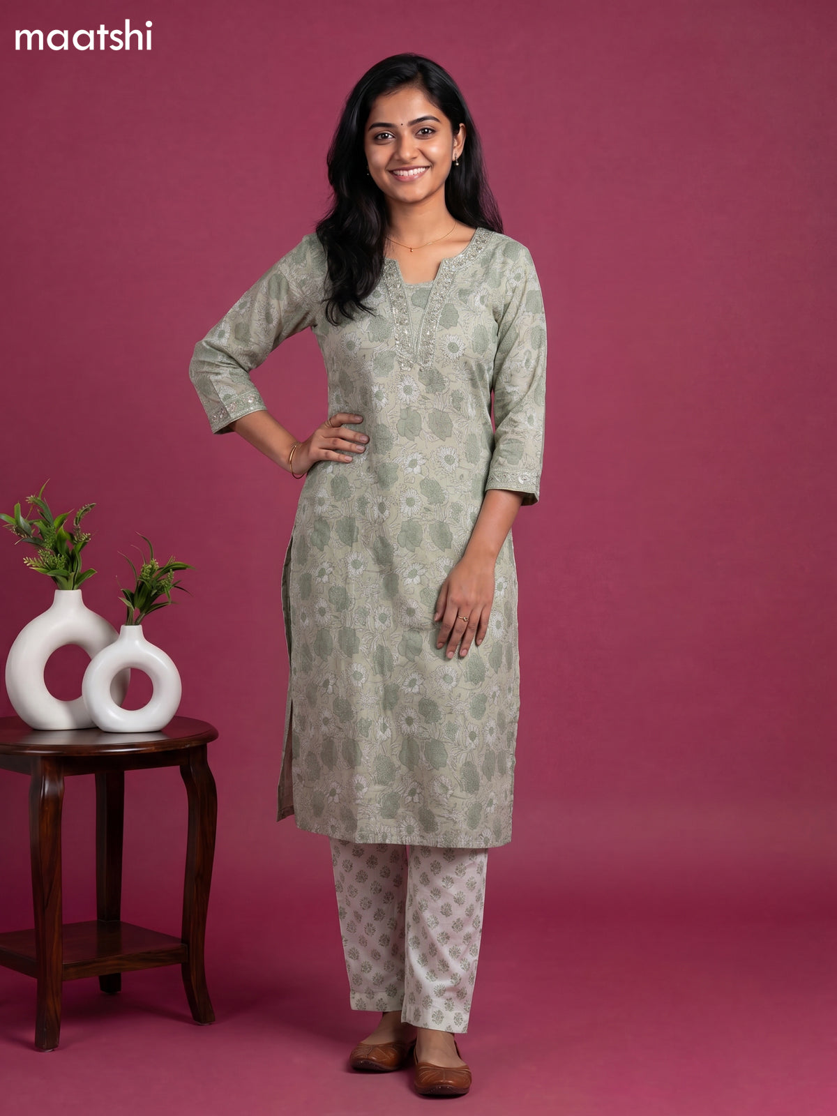 Beige and Grey Chanderi Allover Prints & Embroidery Work Straight Suit