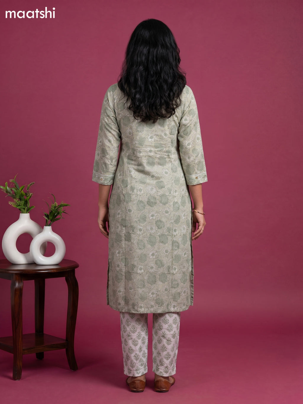 Beige and Grey Chanderi Allover Prints & Embroidery Work Straight Suit