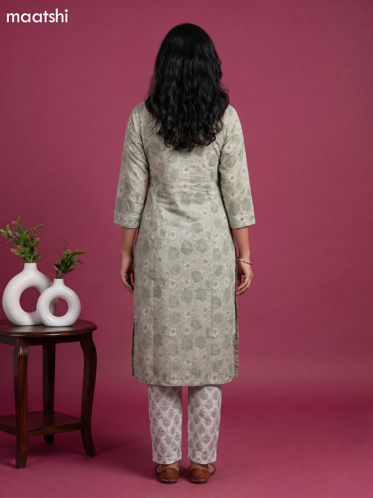 Beige and Grey Chanderi Allover Prints & Embroidery Work Straight Suit