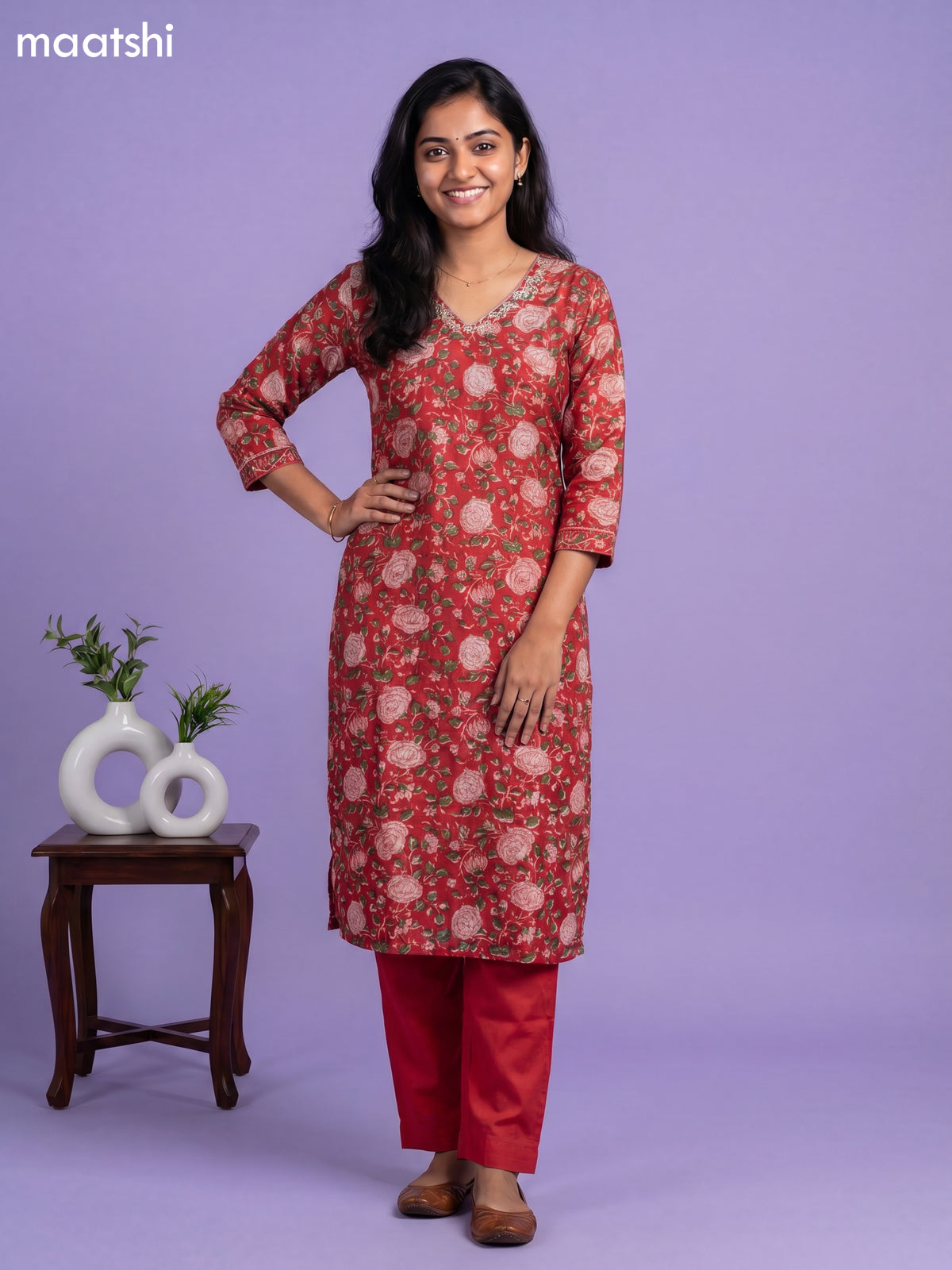 Red Chanderi Floral Printed Straight Suit