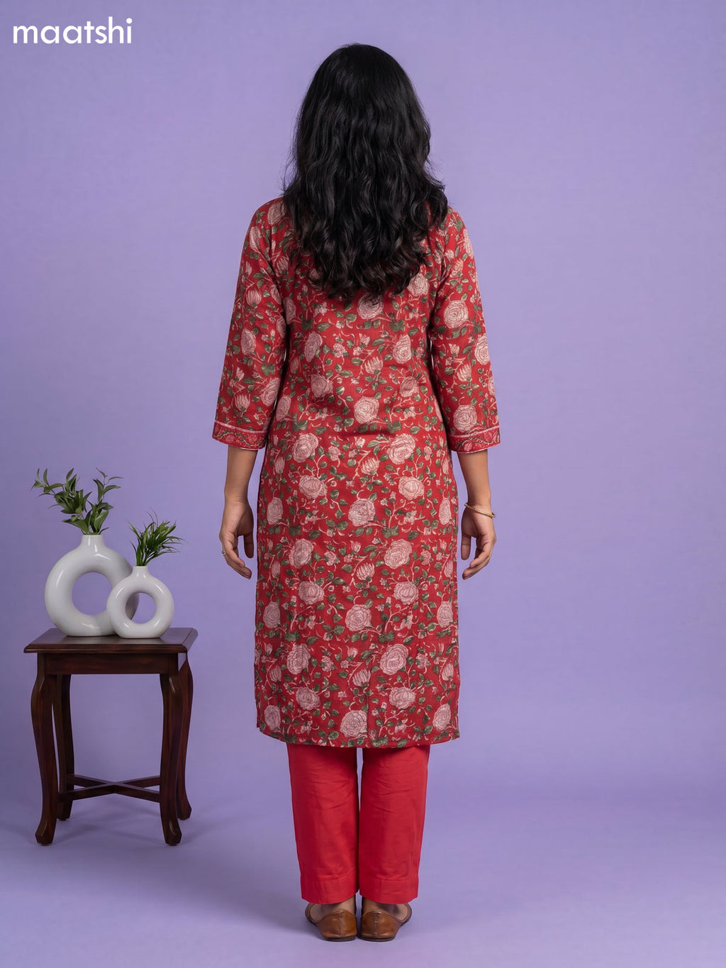 Red Chanderi Floral Printed Straight Suit