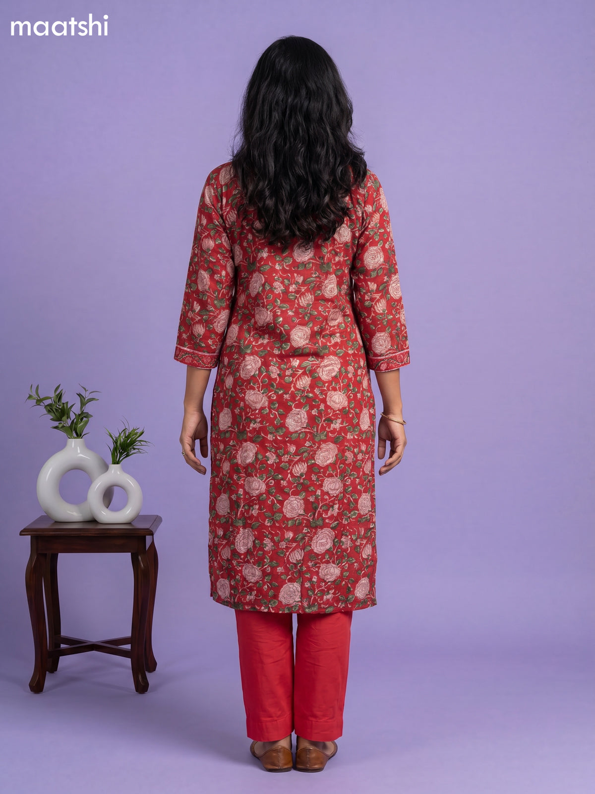 Red Chanderi Floral Printed Straight Suit