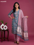 Blue and Pink Chanderi Floral Printed & Simple Embroidery Work Straight Suit