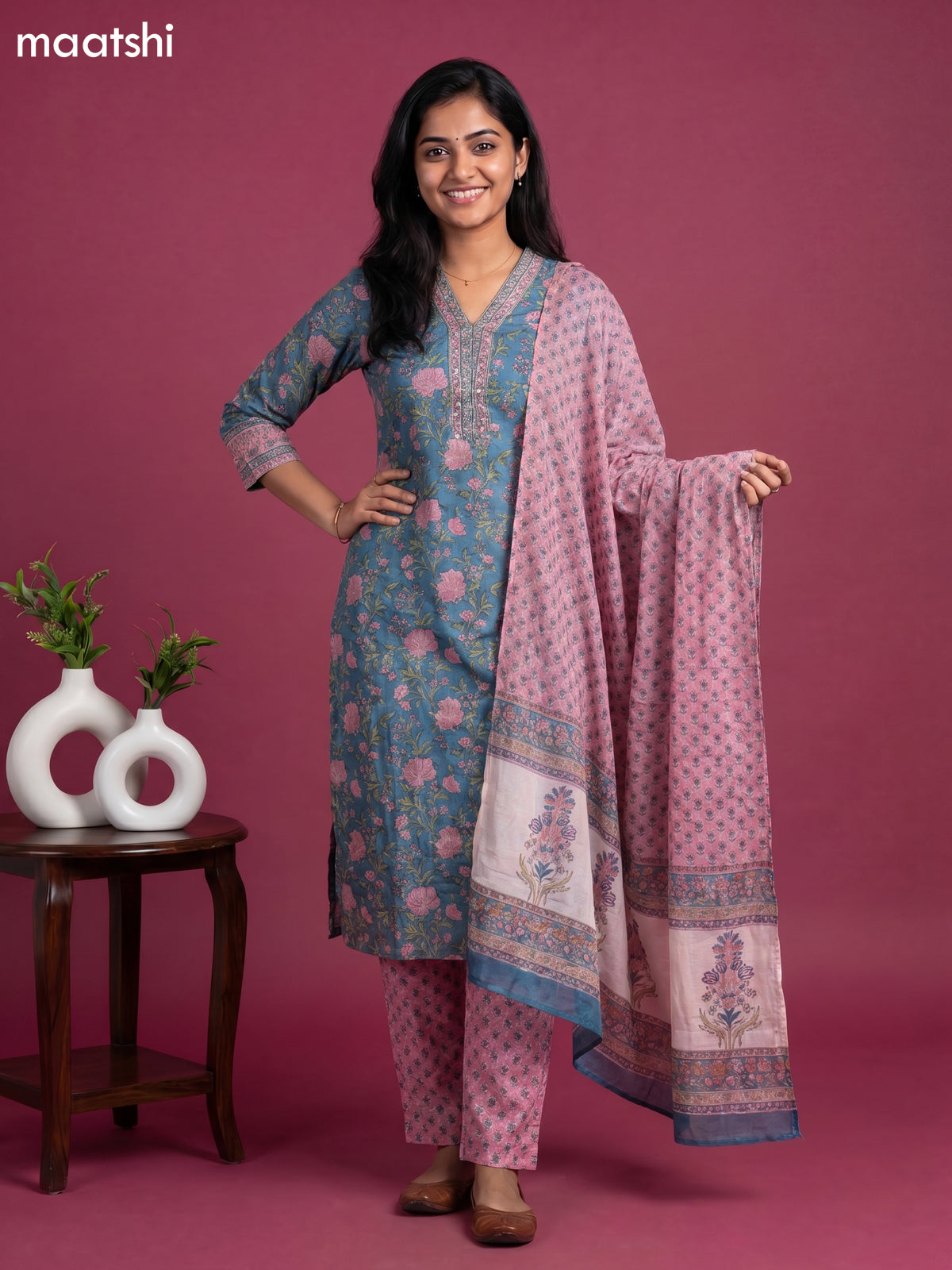 Blue and Pink Chanderi Floral Printed & Simple Embroidery Work Straight Suit