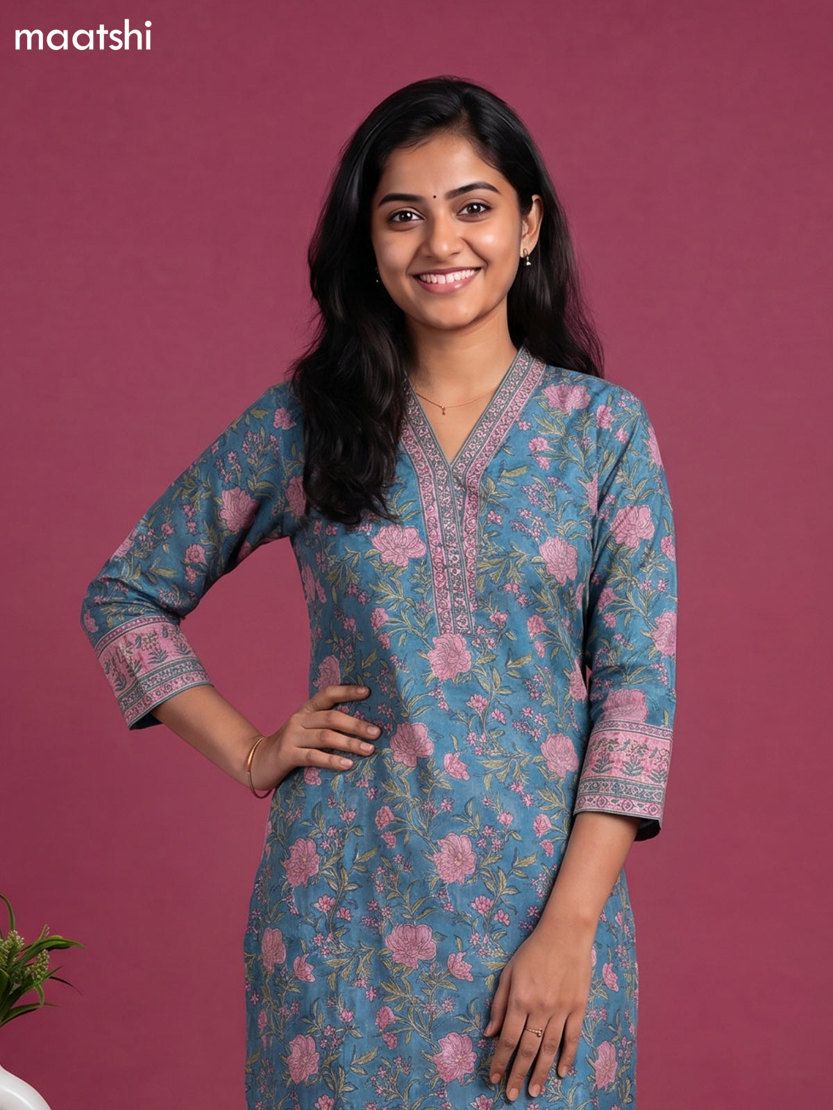 Blue and Pink Chanderi Floral Printed & Simple Embroidery Work Straight Suit