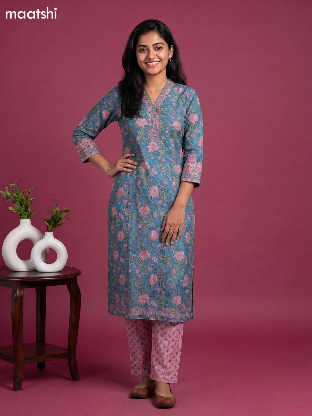 Blue and Pink Chanderi Floral Printed & Simple Embroidery Work Straight Suit