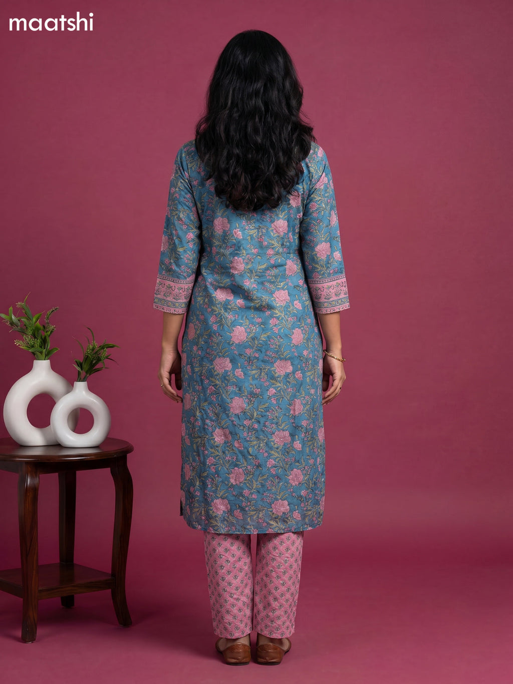 Blue and Pink Chanderi Floral Printed & Simple Embroidery Work Straight Suit