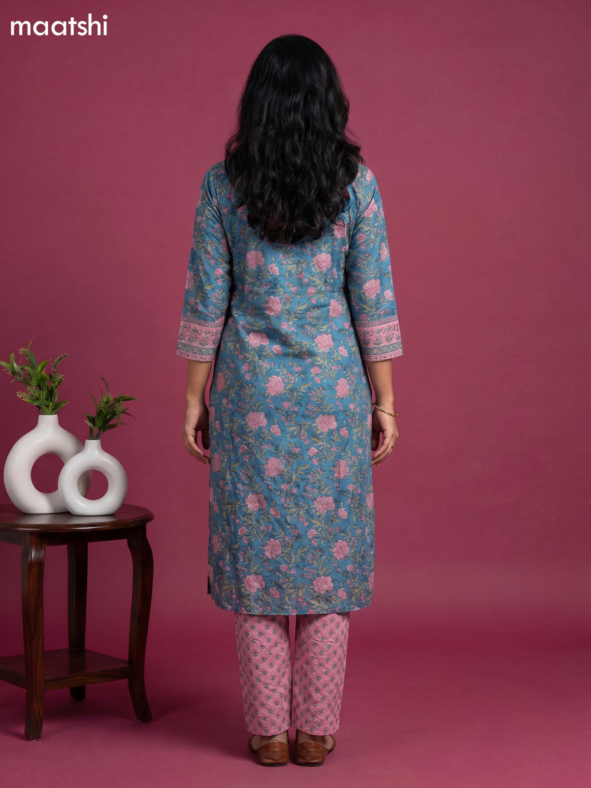 Blue and Pink Chanderi Floral Printed & Simple Embroidery Work Straight Suit