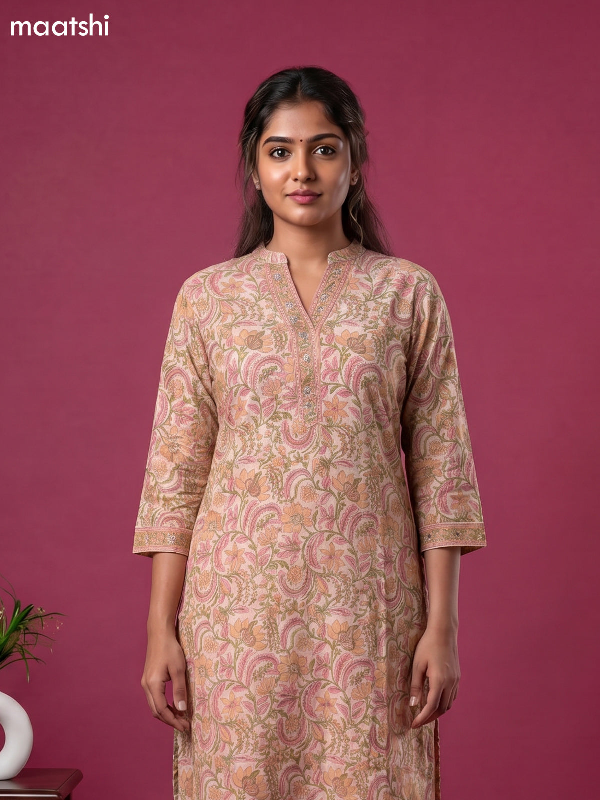 Mild Peach Chanderi Floral Printed & Simple Embroidery Work Straight Suit