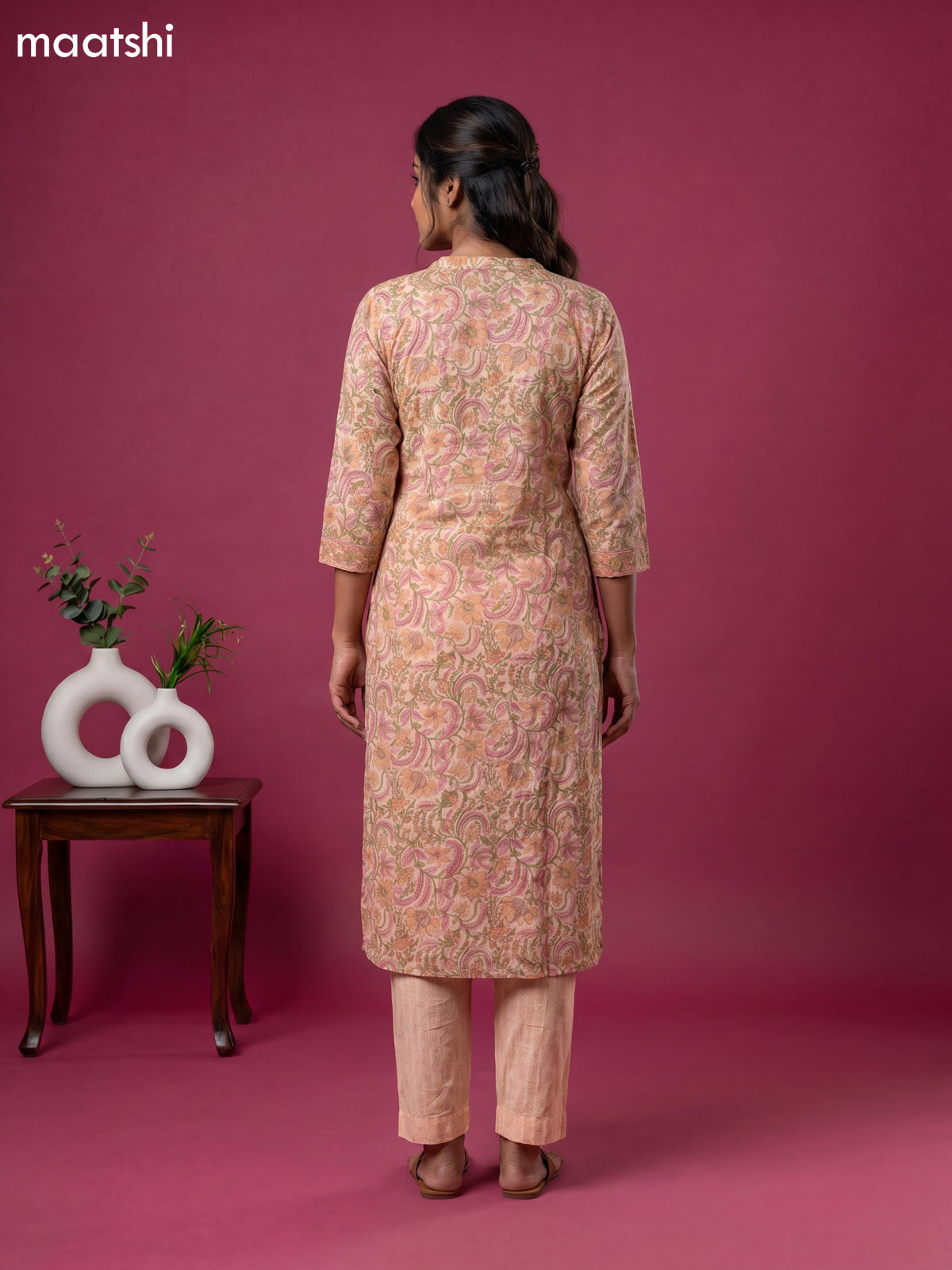 Mild Peach Chanderi Floral Printed & Simple Embroidery Work Straight Suit