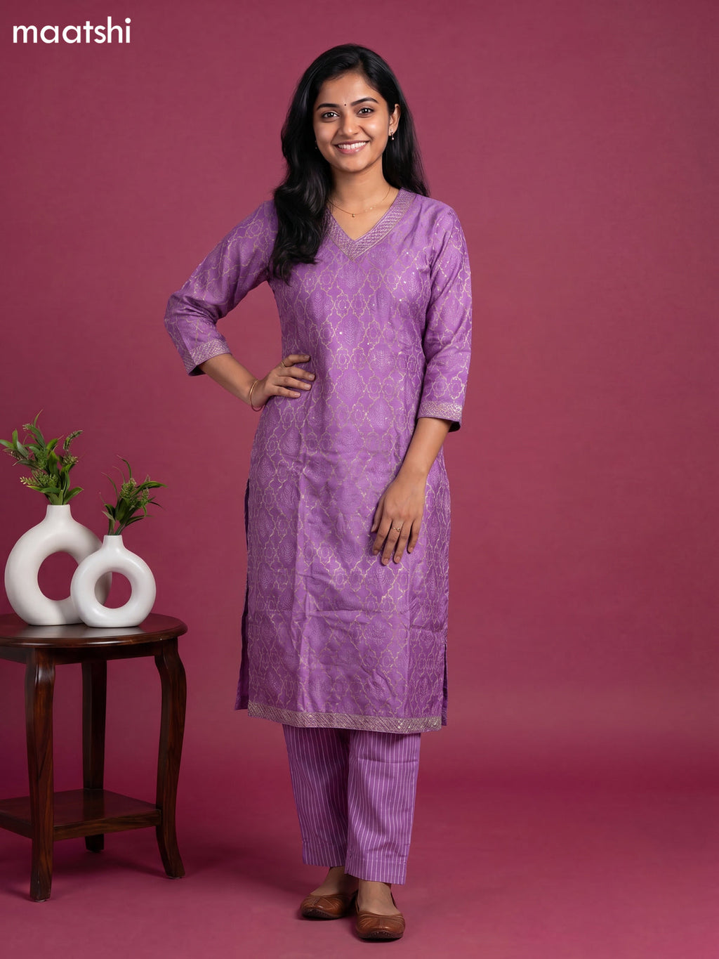 Lavender Chanderi Printed & Simple Embroidery Work Straight Suit