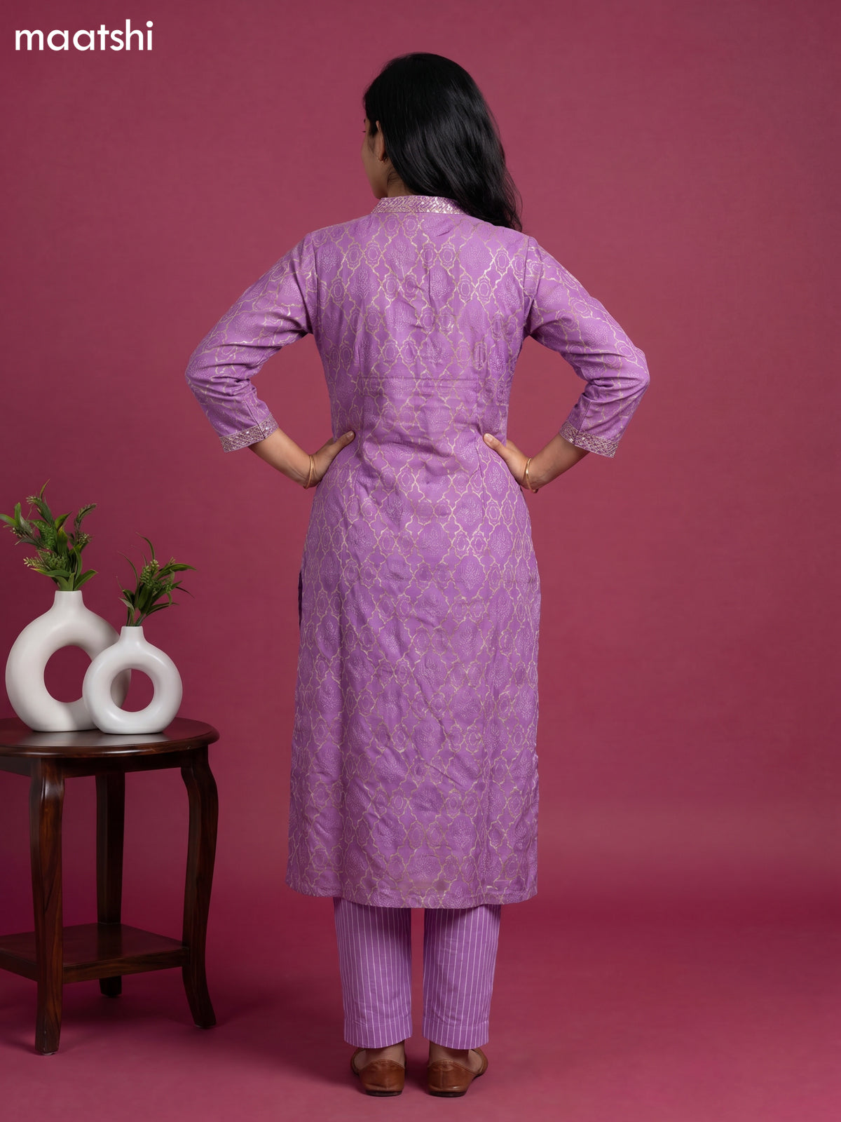 Lavender Chanderi Printed & Simple Embroidery Work Straight Suit