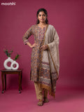 Brown and Blue & Red Chanderi Printed & Simple Embroidery Work Straight Suit