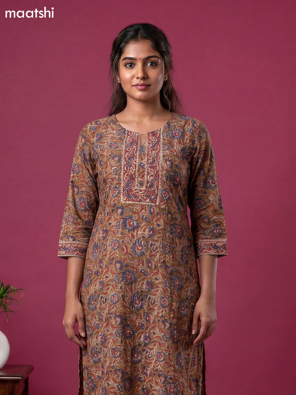 Brown and Blue & Red Chanderi Printed & Simple Embroidery Work Straight Suit