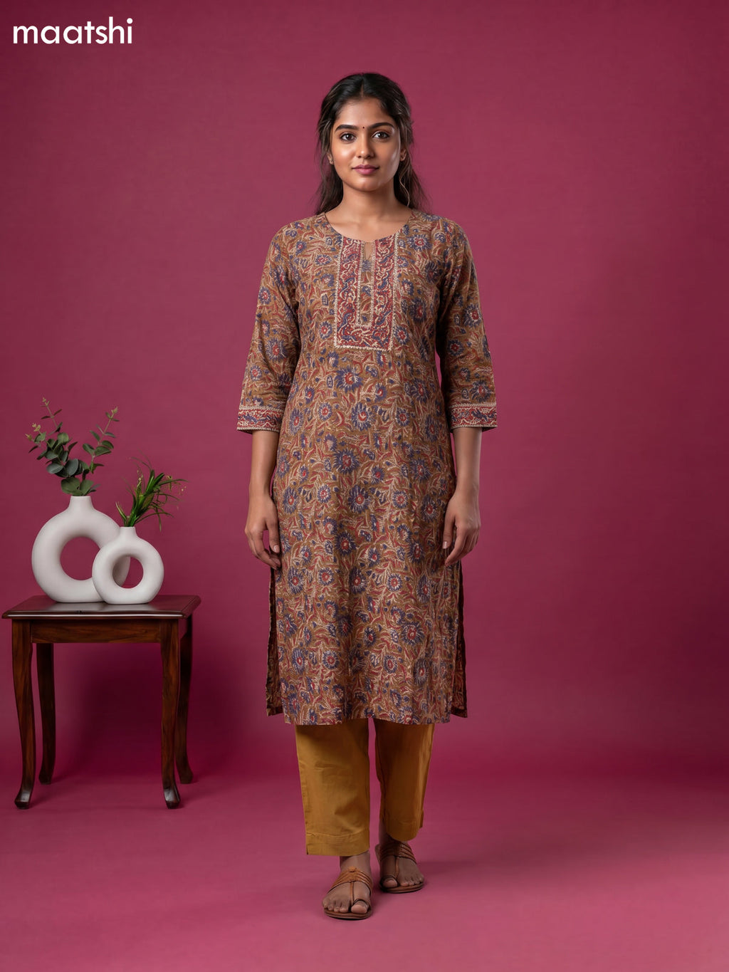 Brown and Blue & Red Chanderi Printed & Simple Embroidery Work Straight Suit