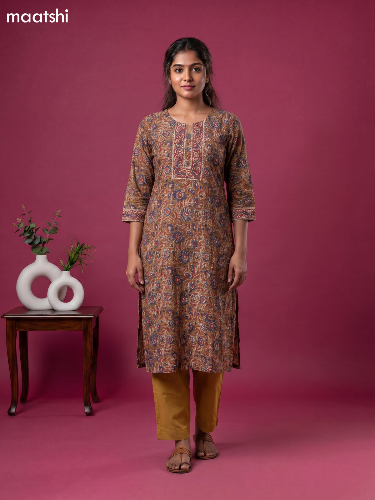 Brown and Blue & Red Chanderi Printed & Simple Embroidery Work Straight Suit
