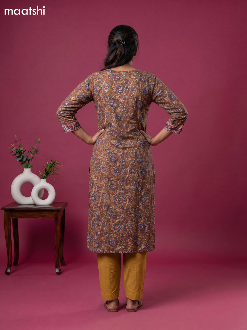 Brown and Blue & Red Chanderi Printed & Simple Embroidery Work Straight Suit