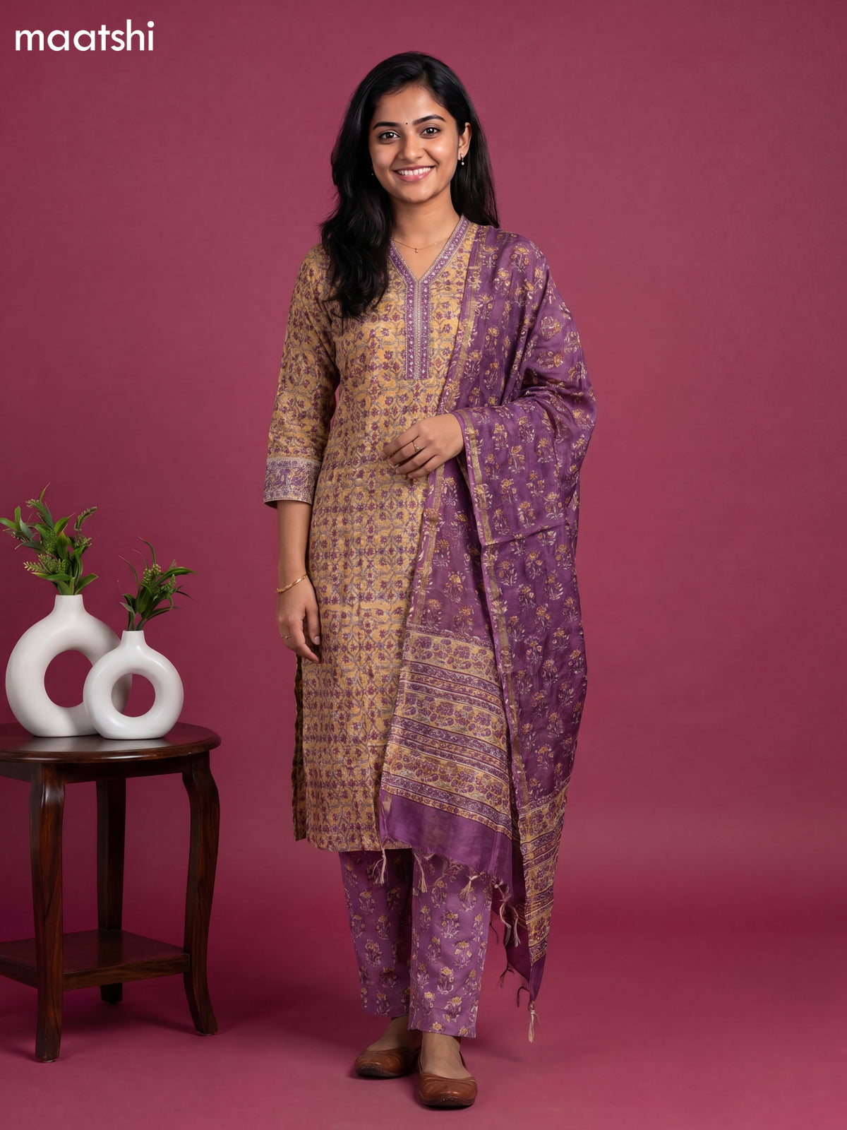 Mustard Yellow and Purple Chanderi Floral Printed Straight Suit