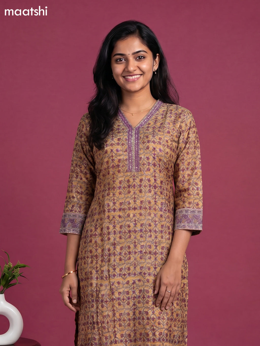 Mustard Yellow and Purple Chanderi Floral Printed Straight Suit