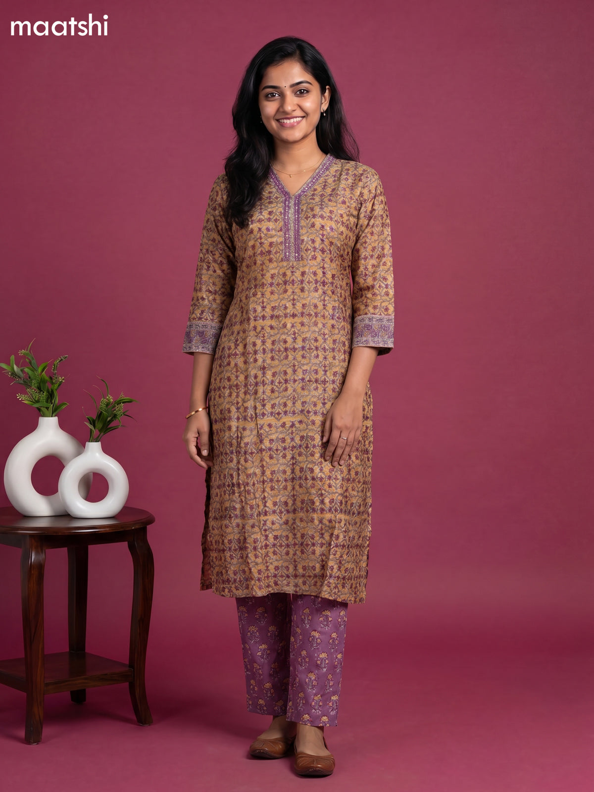 Mustard Yellow and Purple Chanderi Floral Printed Straight Suit