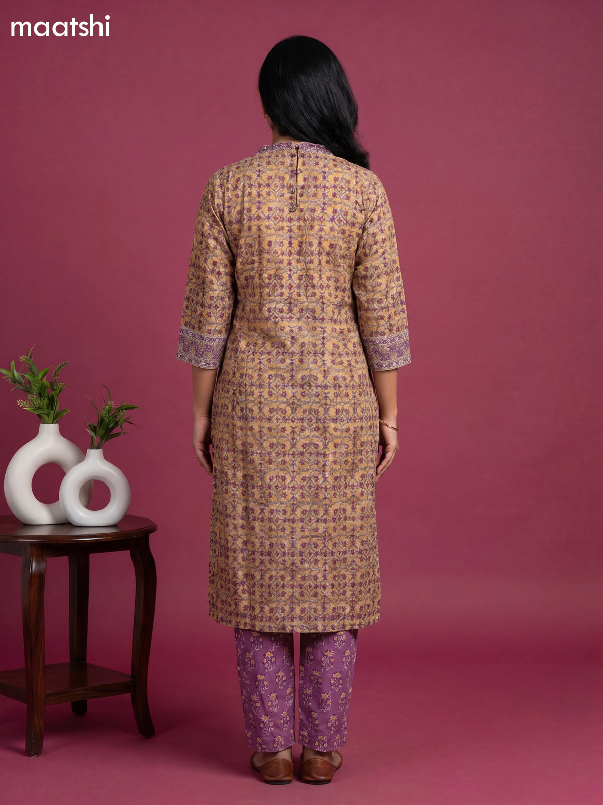 Mustard Yellow and Purple Chanderi Floral Printed Straight Suit