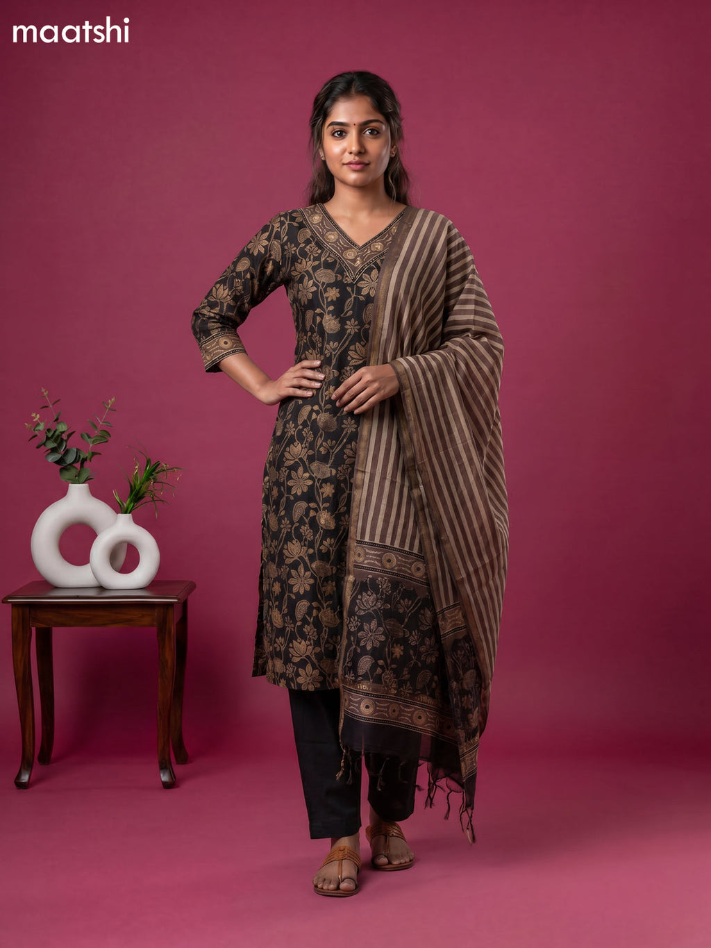 Black and Brown Chanderi Floral Printed Straight Suit