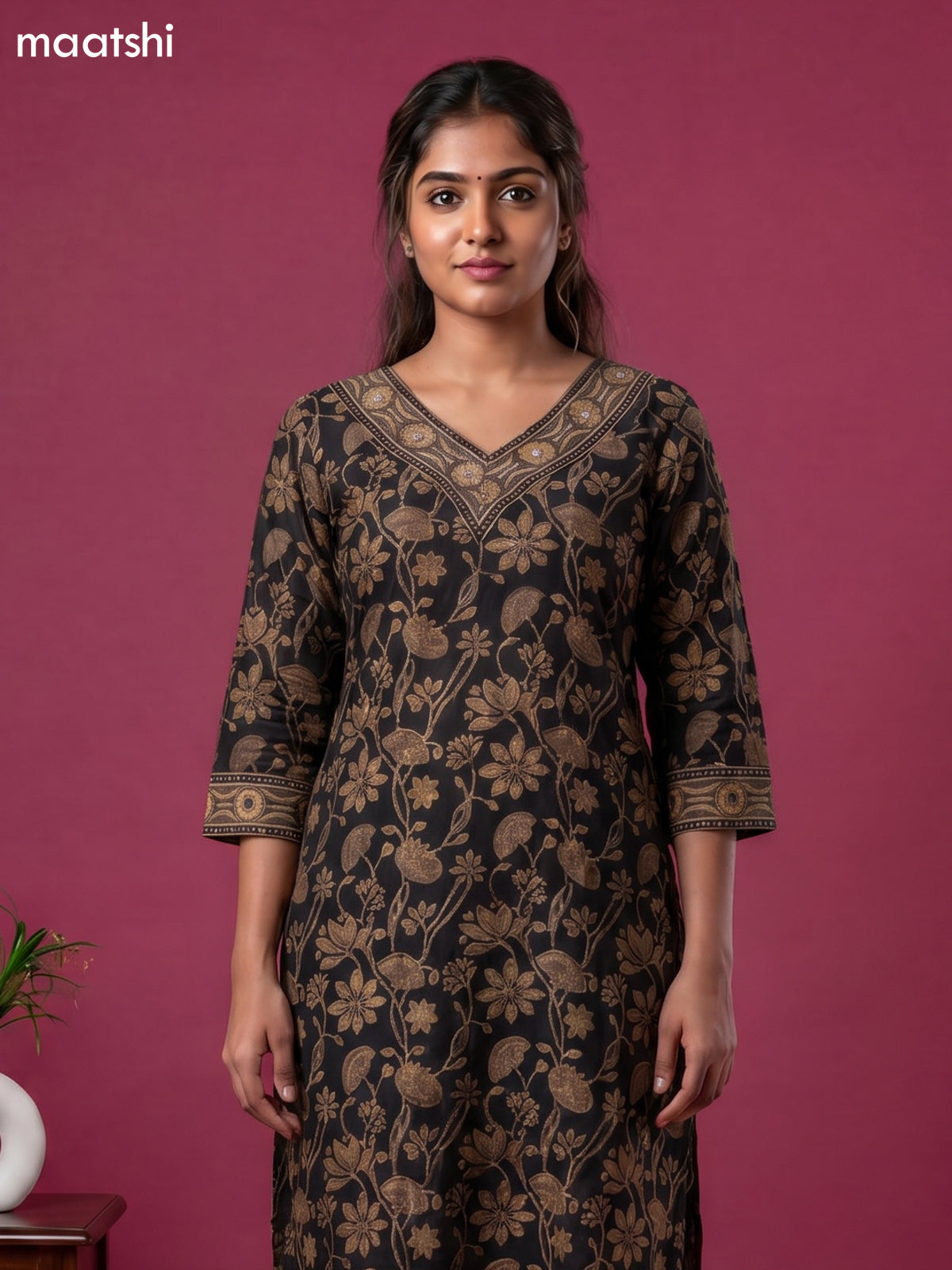 Black and Brown Chanderi Floral Printed Straight Suit