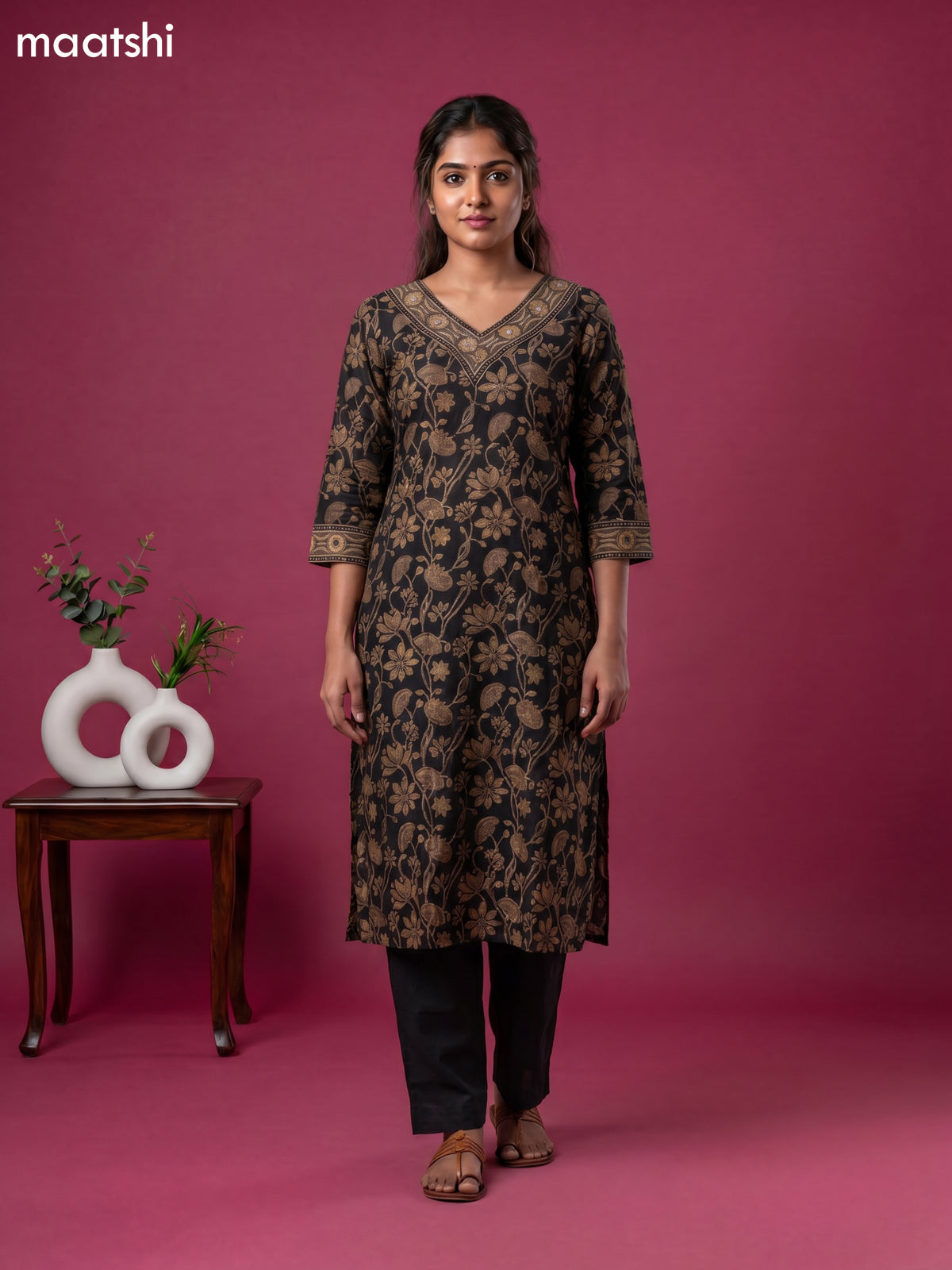 Black and Brown Chanderi Floral Printed Straight Suit
