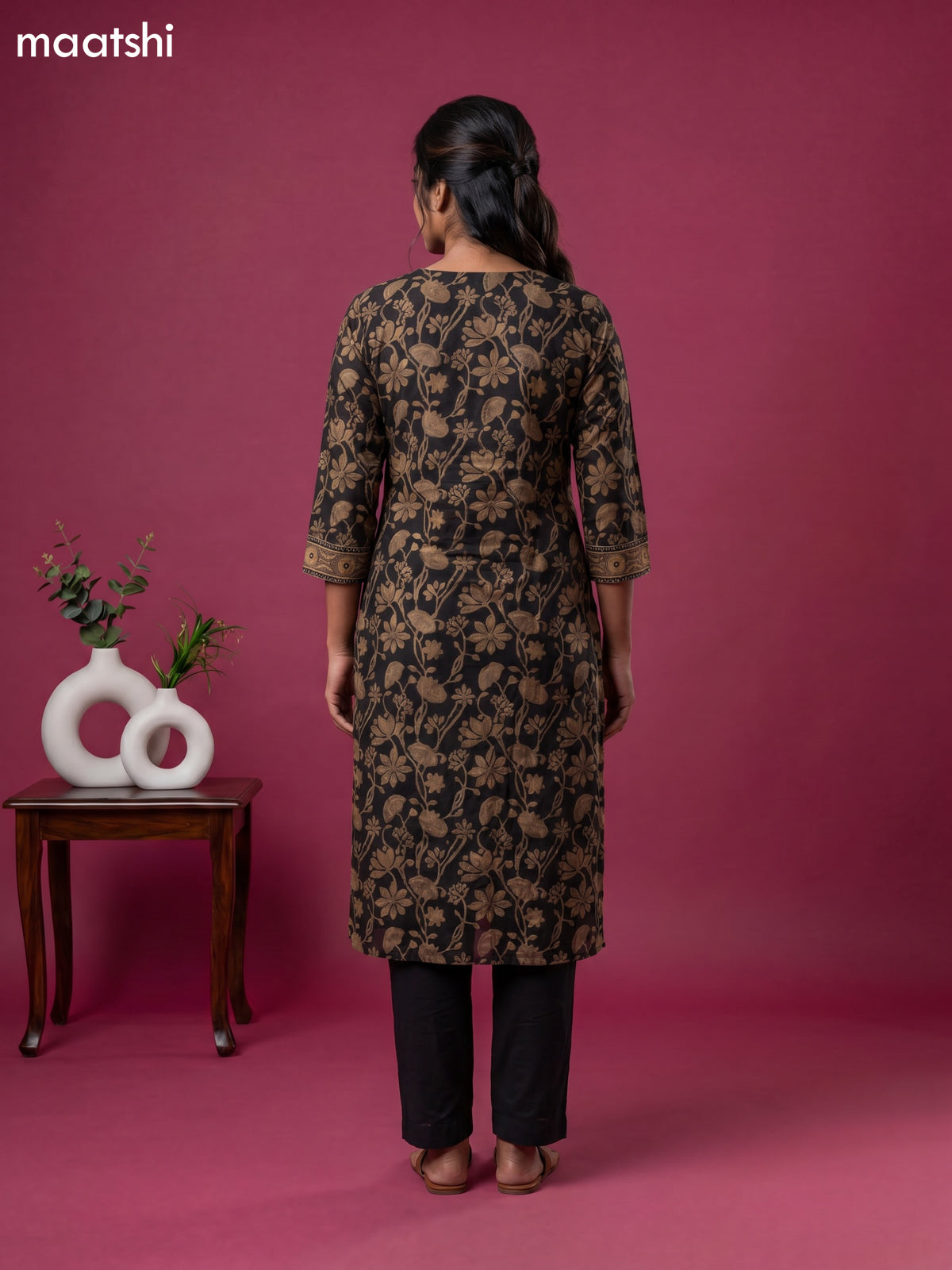 Black and Brown Chanderi Floral Printed Straight Suit