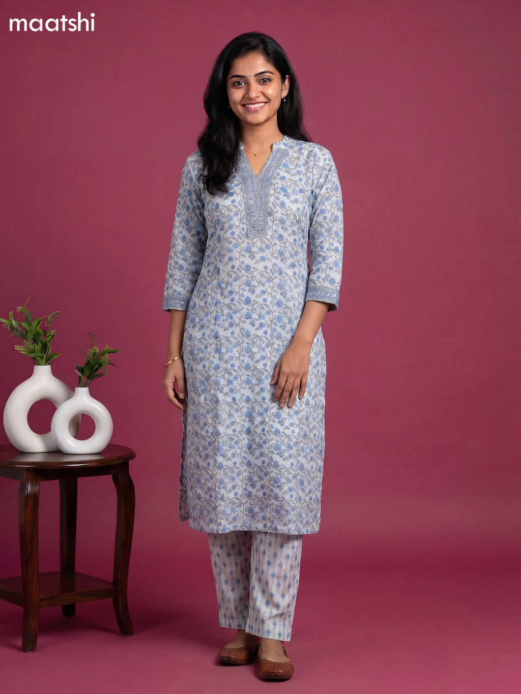 Pastel Blue Chanderi Floral Printed Straight Suit