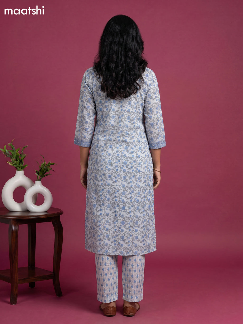Pastel Blue Chanderi Floral Printed Straight Suit