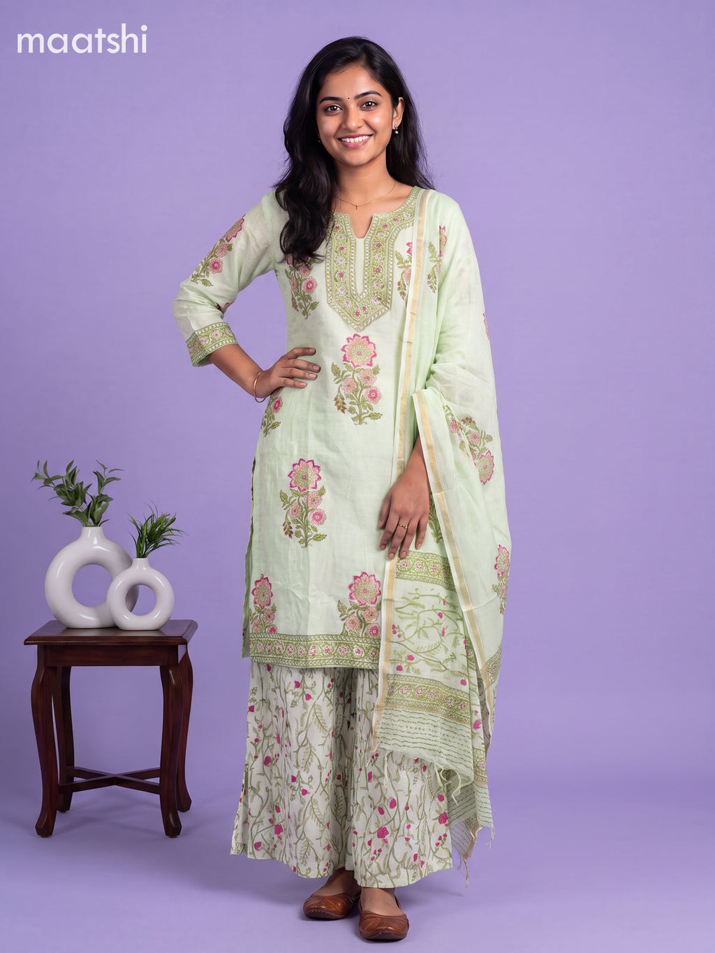 Pista Green Art Silk Floral Printed & Embroidery Work Straight Suit