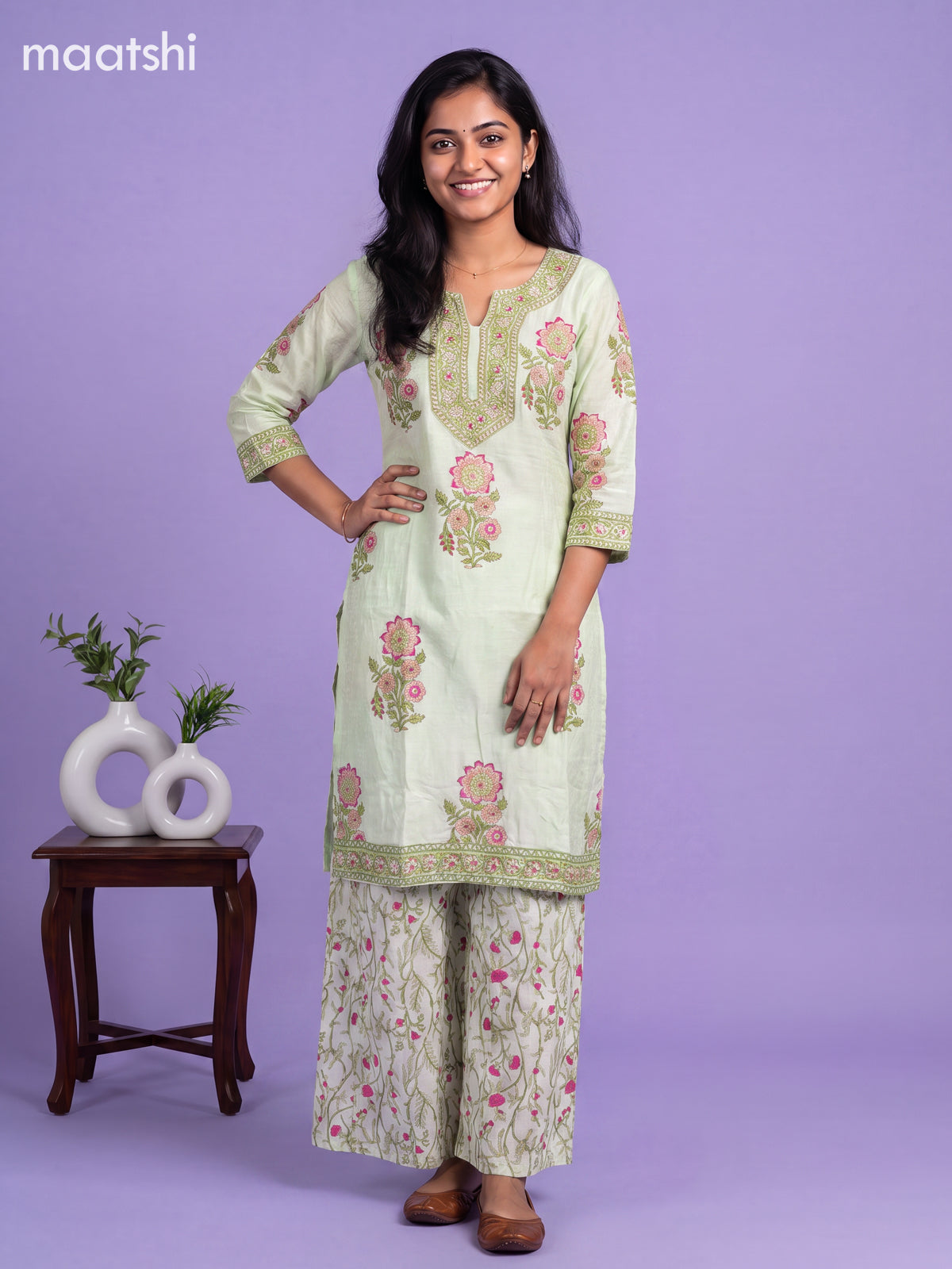 Pista Green Art Silk Floral Printed & Embroidery Work Straight Suit