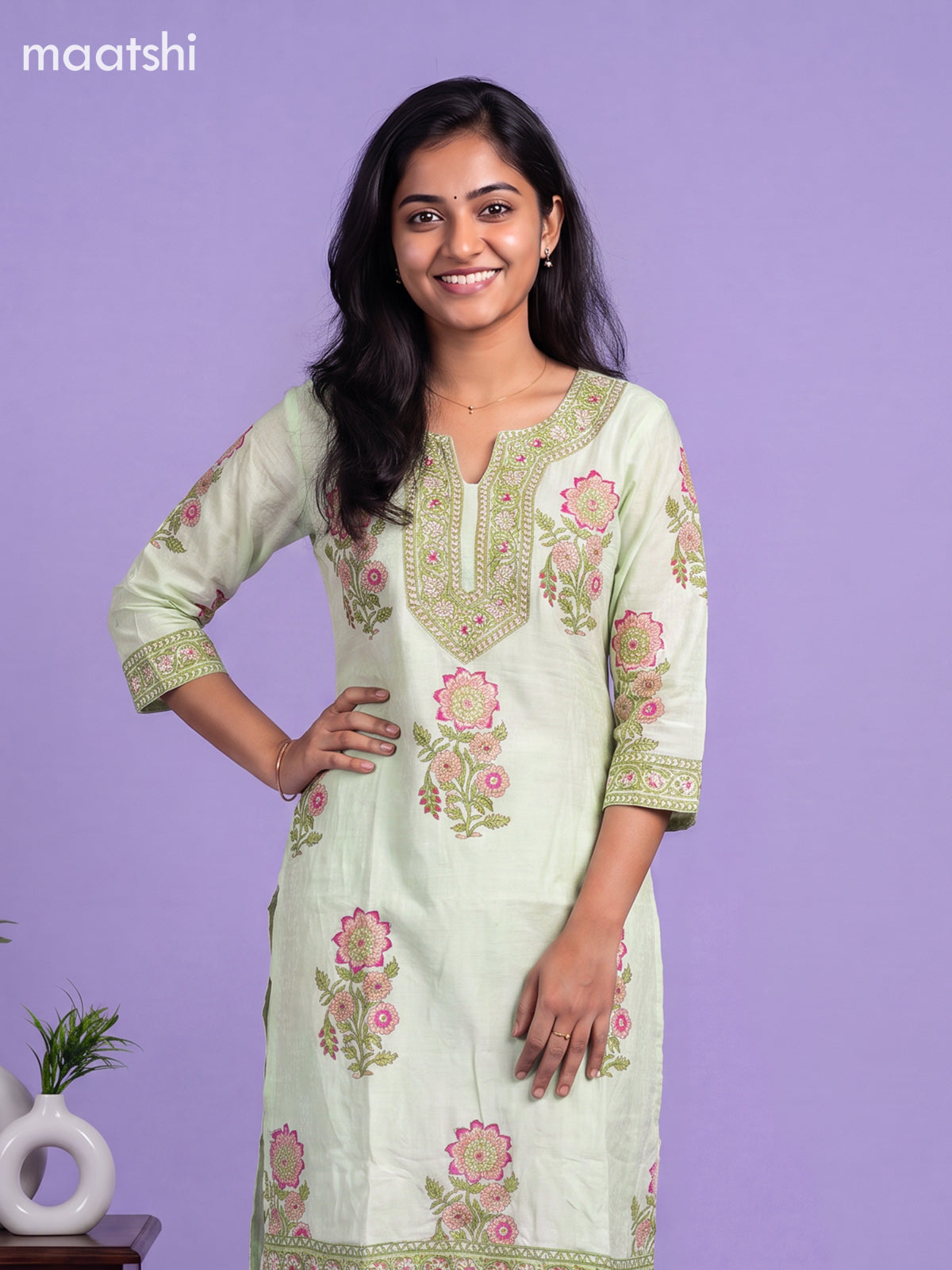 Pista Green Art Silk Floral Printed & Embroidery Work Straight Suit