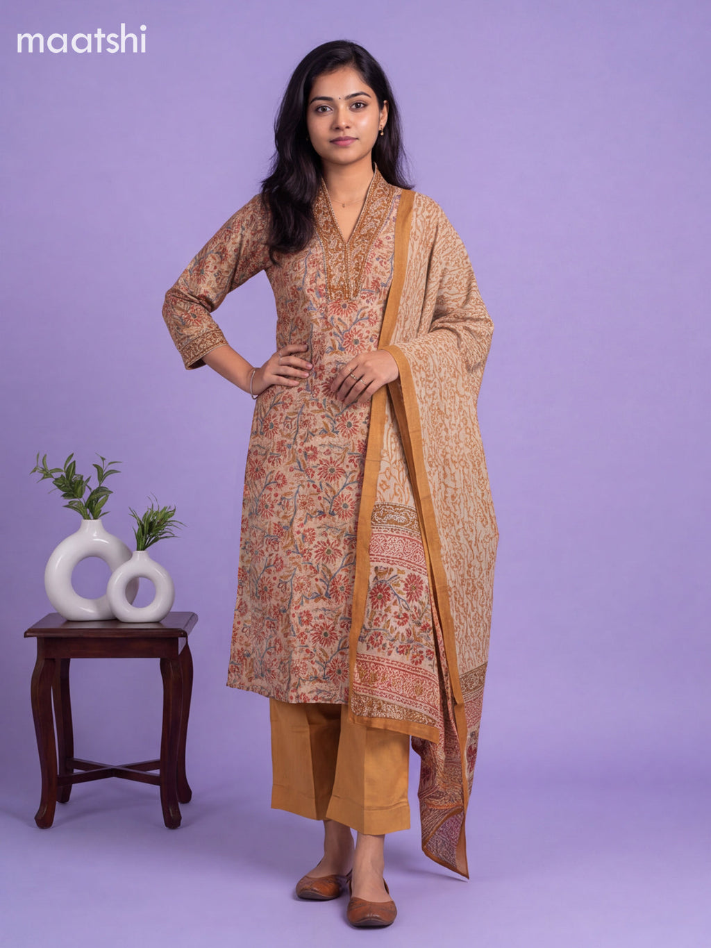Beige and Mustard Chanderi Floral Printed Straight Suit