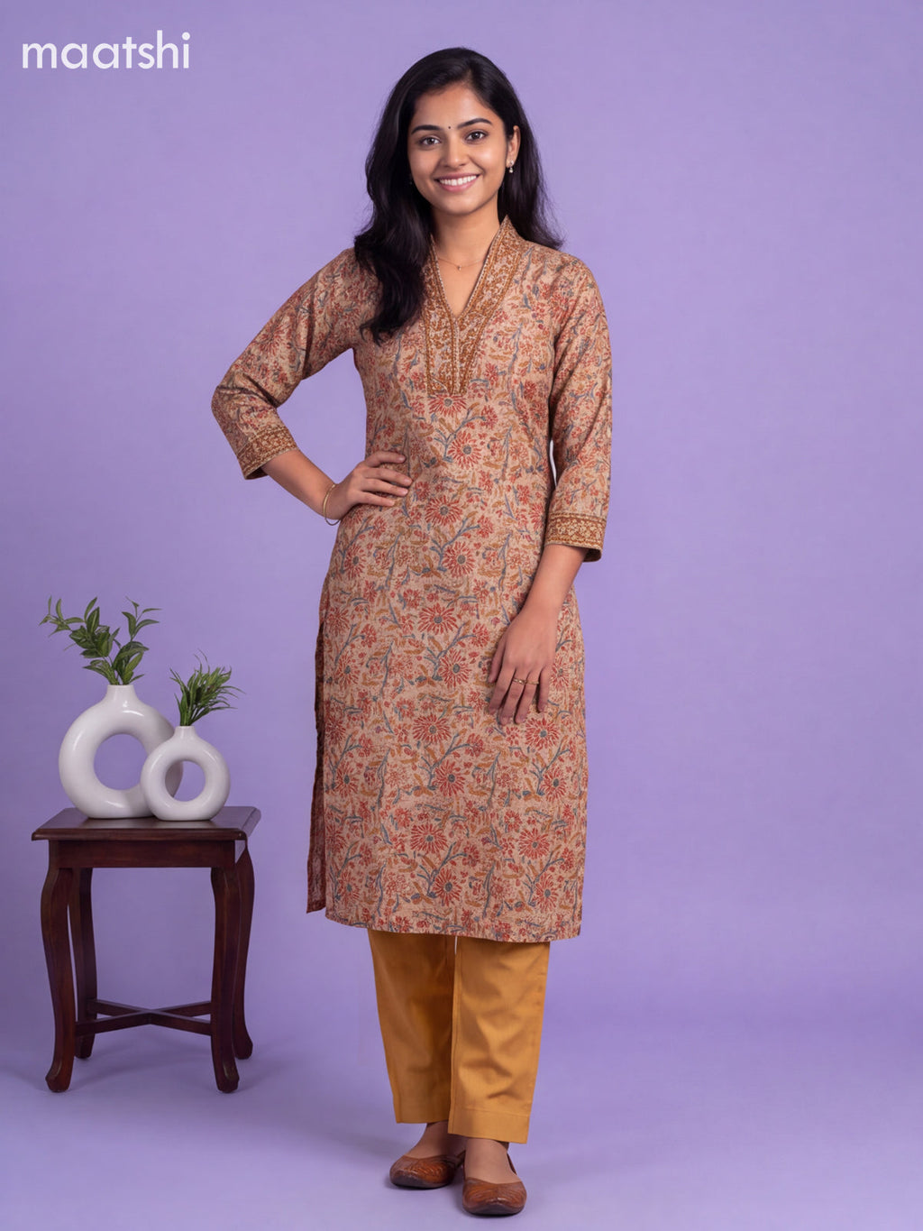 Beige and Mustard Chanderi Floral Printed Straight Suit