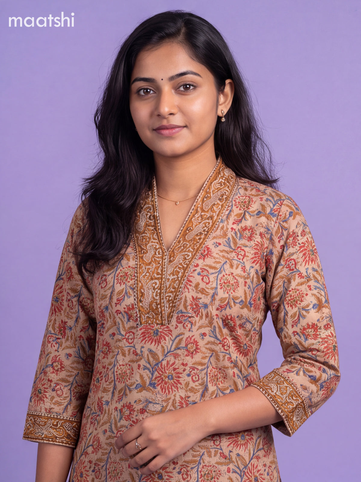 Beige and Mustard Chanderi Floral Printed Straight Suit