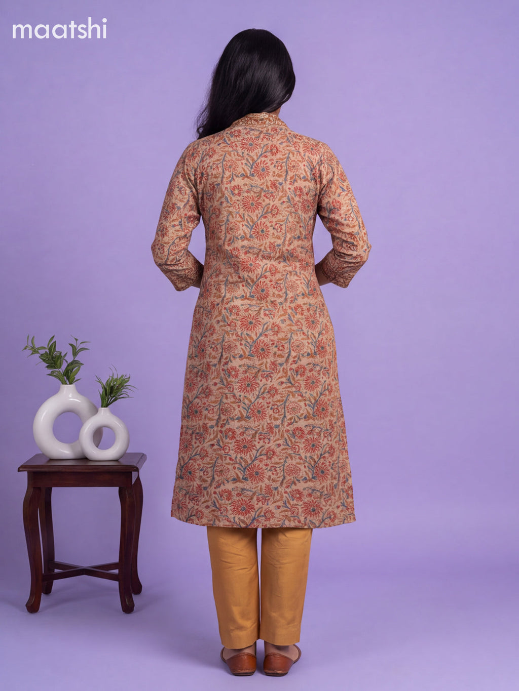 Beige and Mustard Chanderi Floral Printed Straight Suit