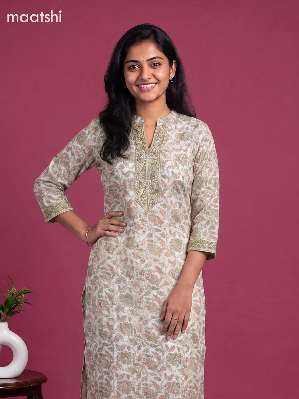 White and Pastel Green Chanderi Floral Printed Straight Suit