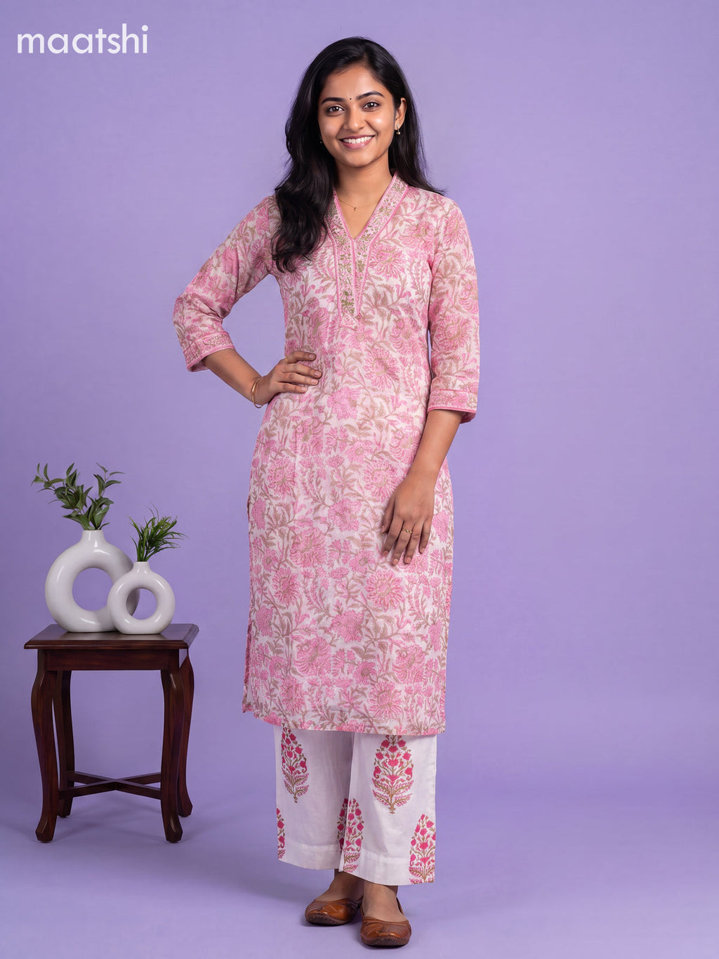 Lotus Pink Kota Floral Printed Straight Suit