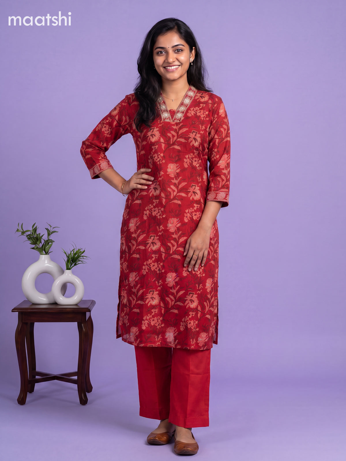 Kumkum Red Kota Floral Printed Straight Suit