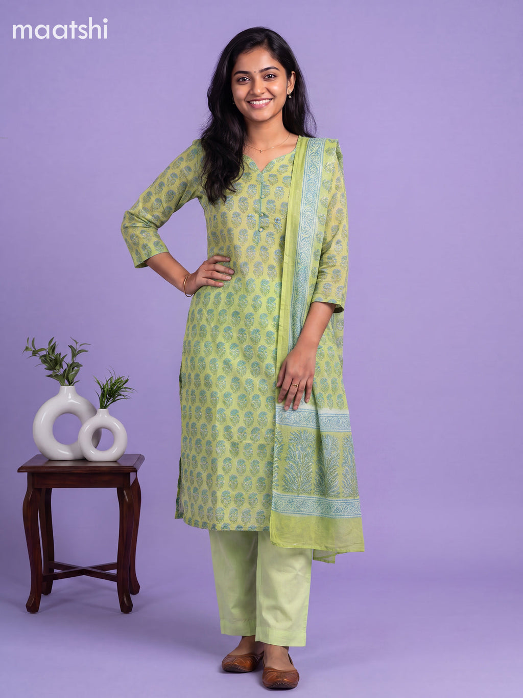 Pista Green Kota Floral Printed Straight Suit