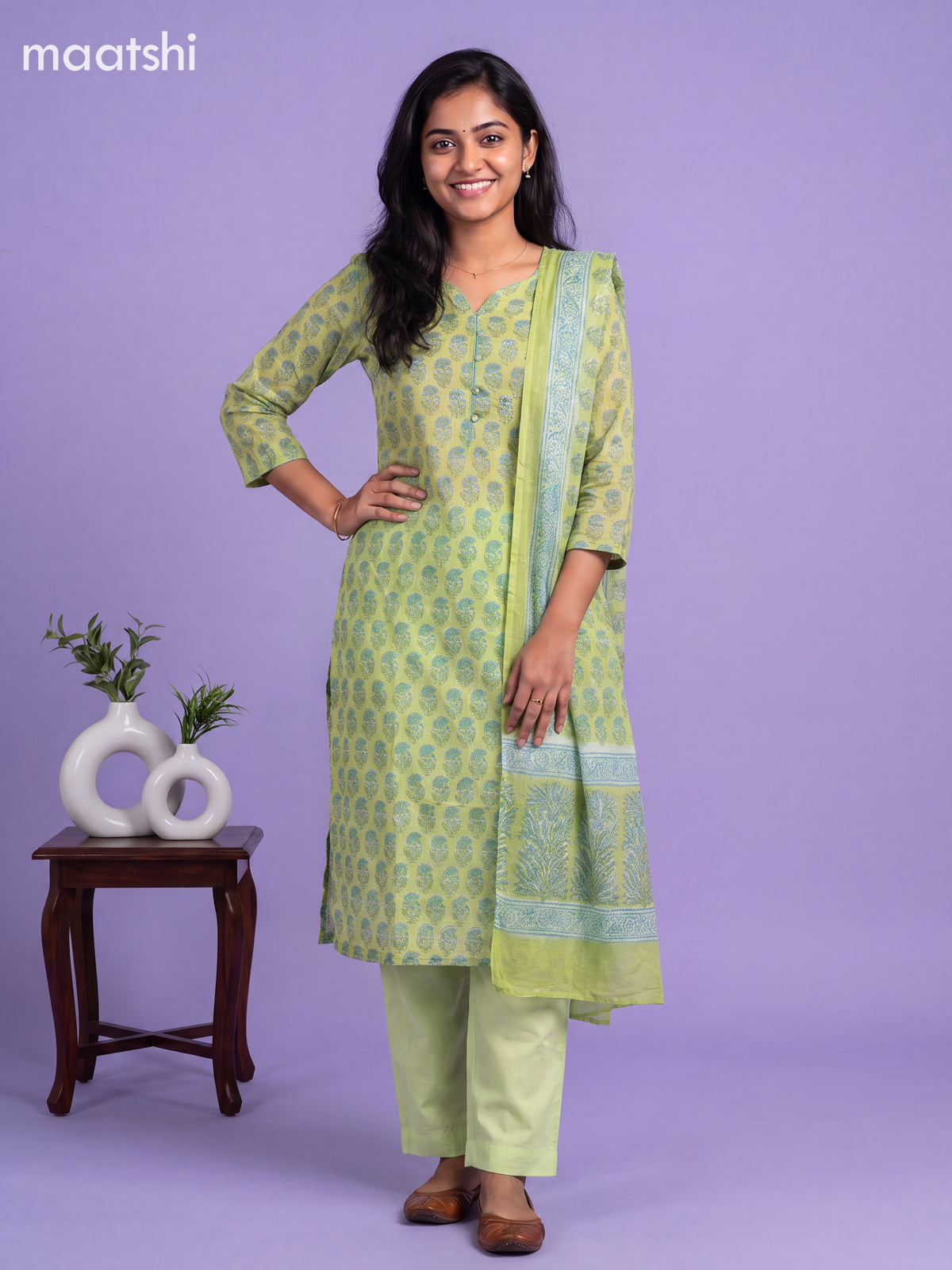 Pista Green Kota Floral Printed Straight Suit