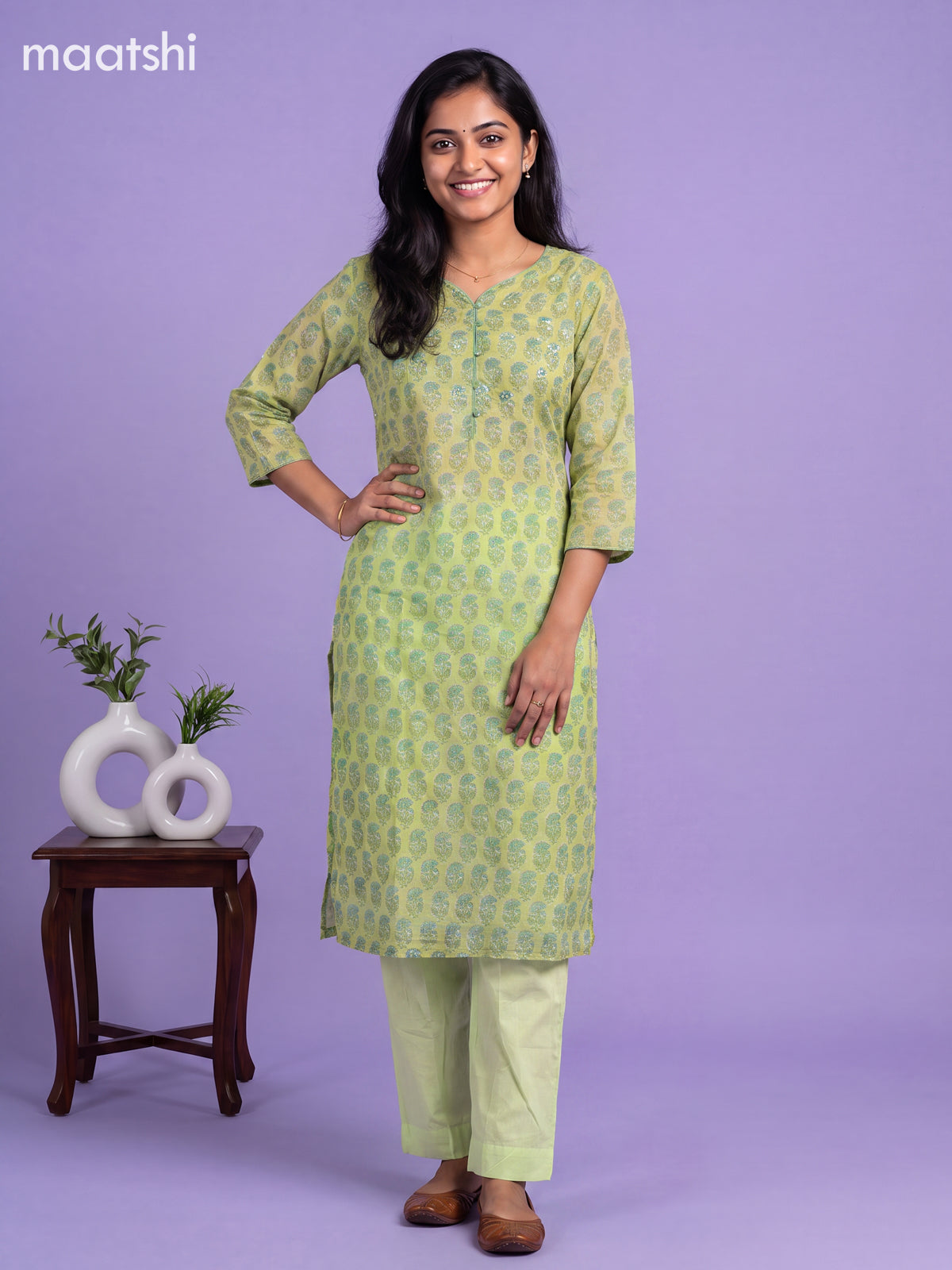Pista Green Kota Floral Printed Straight Suit
