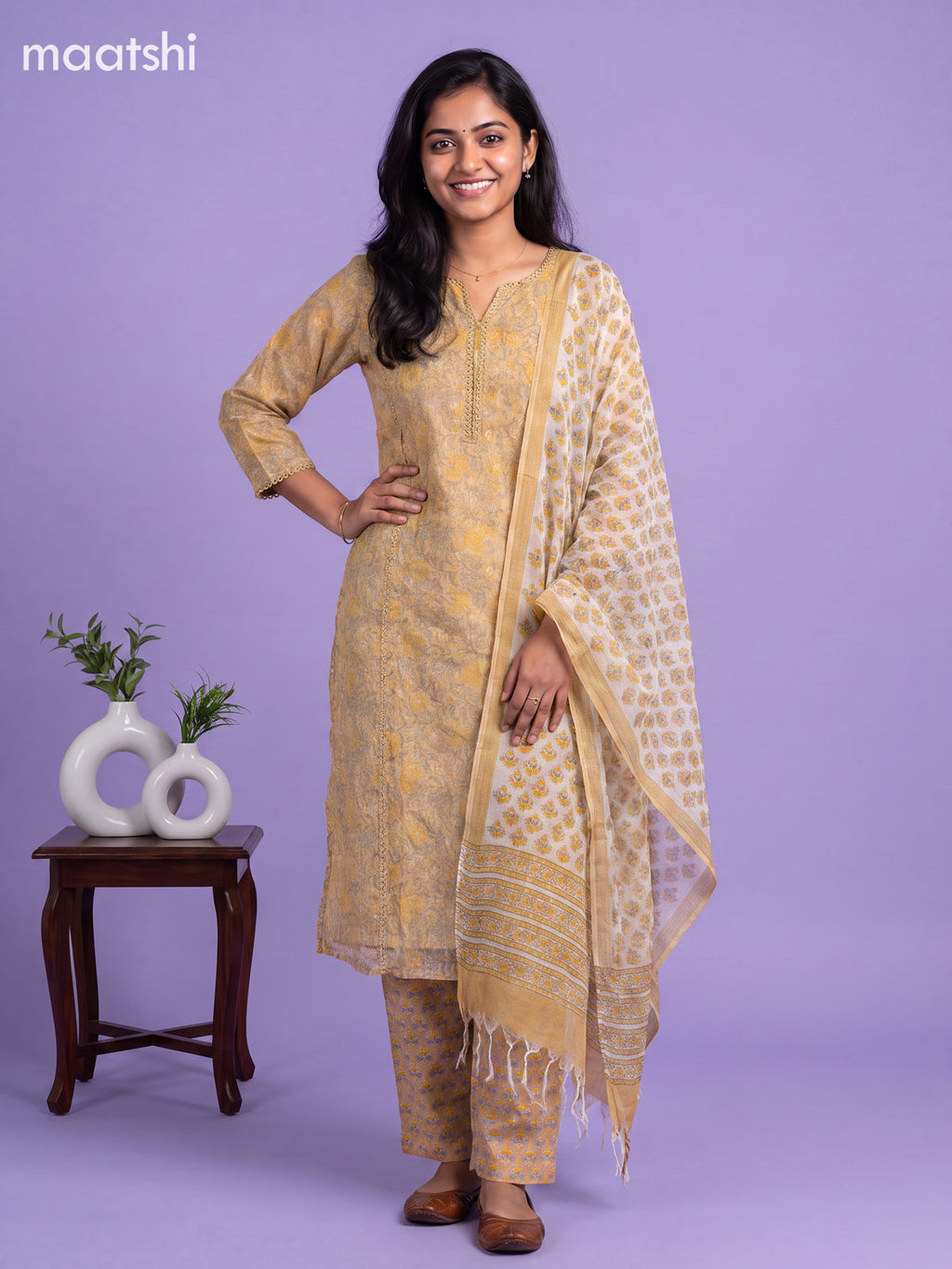 Beige Kota Floral Printed Straight Suit