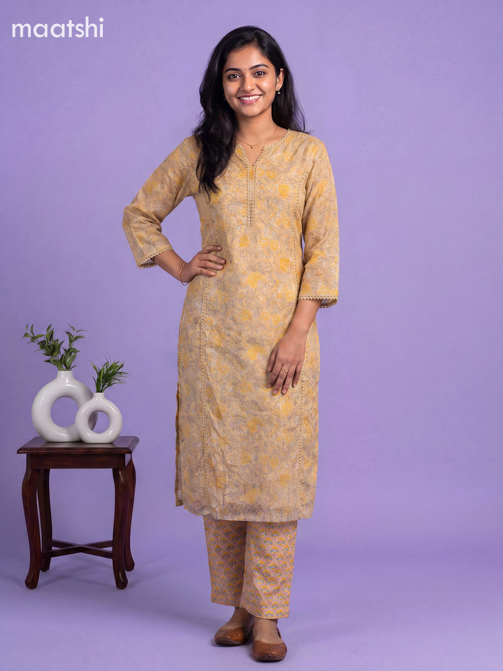 Beige Kota Floral Printed Straight Suit