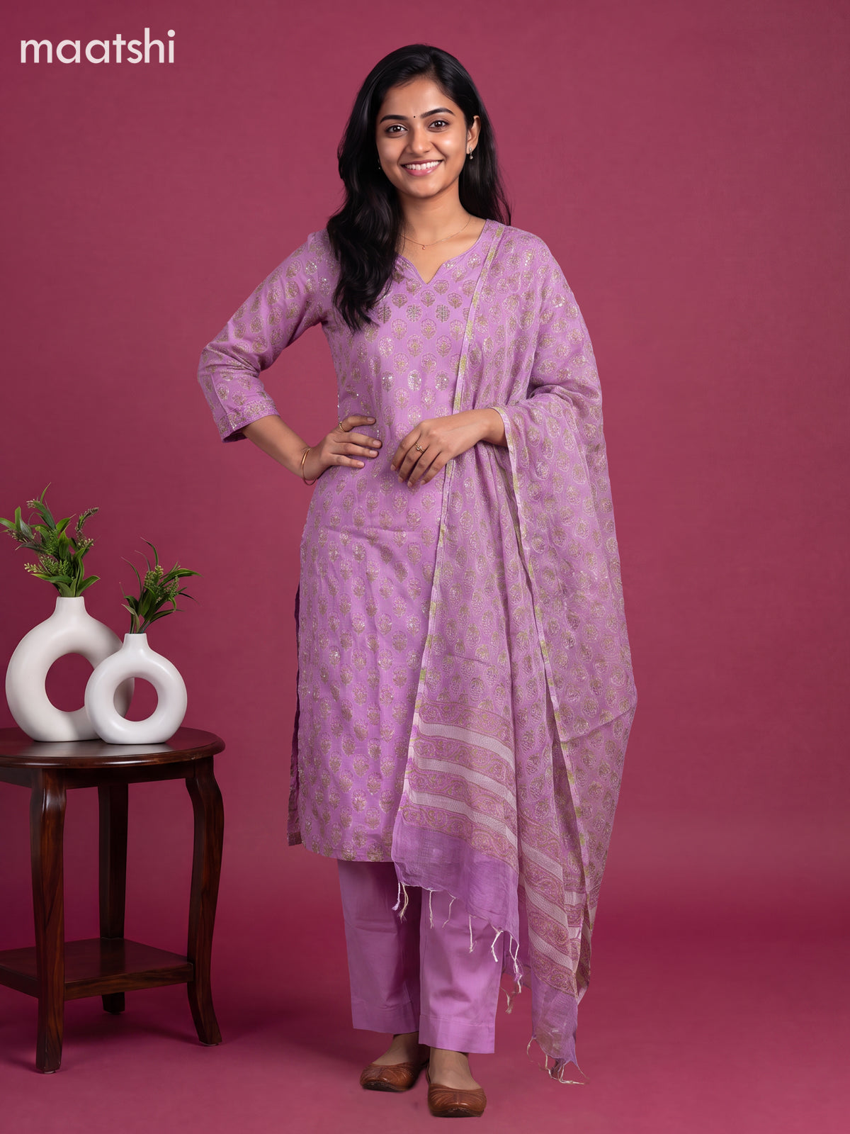 Lavender Kota Floral Printed Straight Suit